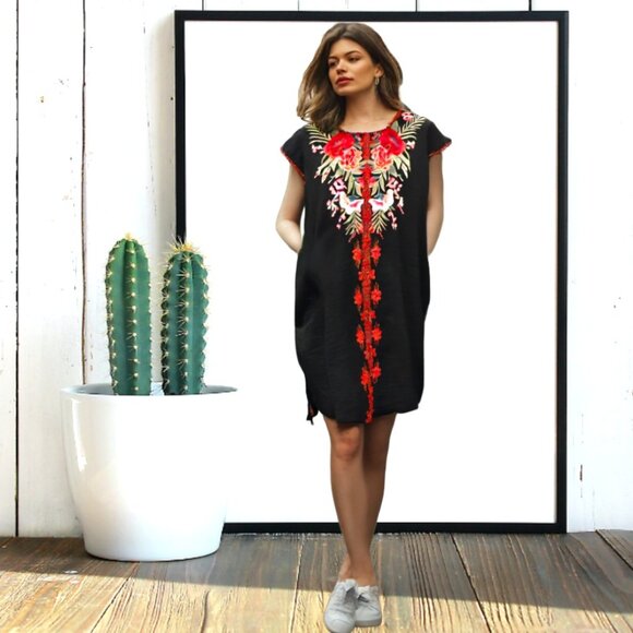 Johnny Was Burke Black Embroidered Cap Sleeve Tunic Dress, Size Medium - Picture 2 of 12